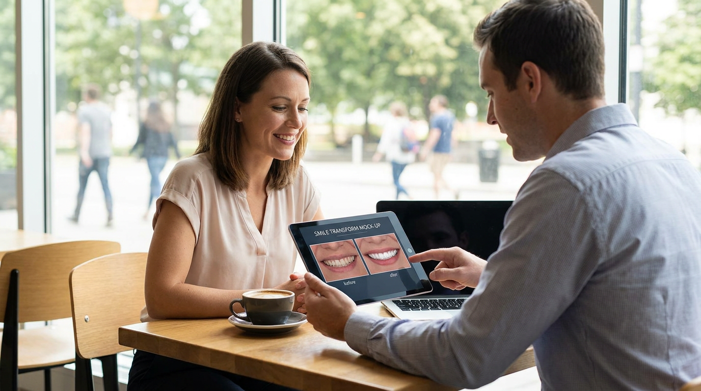 Photorealistic lifestyle dental scene of Lauren, looking at a digital mock-up of her transformed smile on a screen, with a hopeful expression.