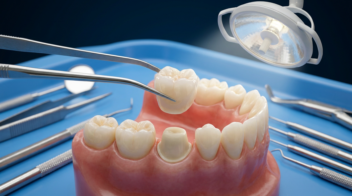 A detailed digital rendering of a dental crown being placed over a prepared tooth stump, showing the precise fit and natural appearance of the restoration.