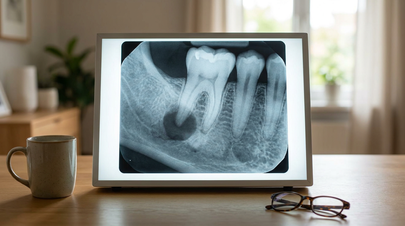 An X-ray image of a molar tooth with a clear dark area at the root tip, indicating an abscess.