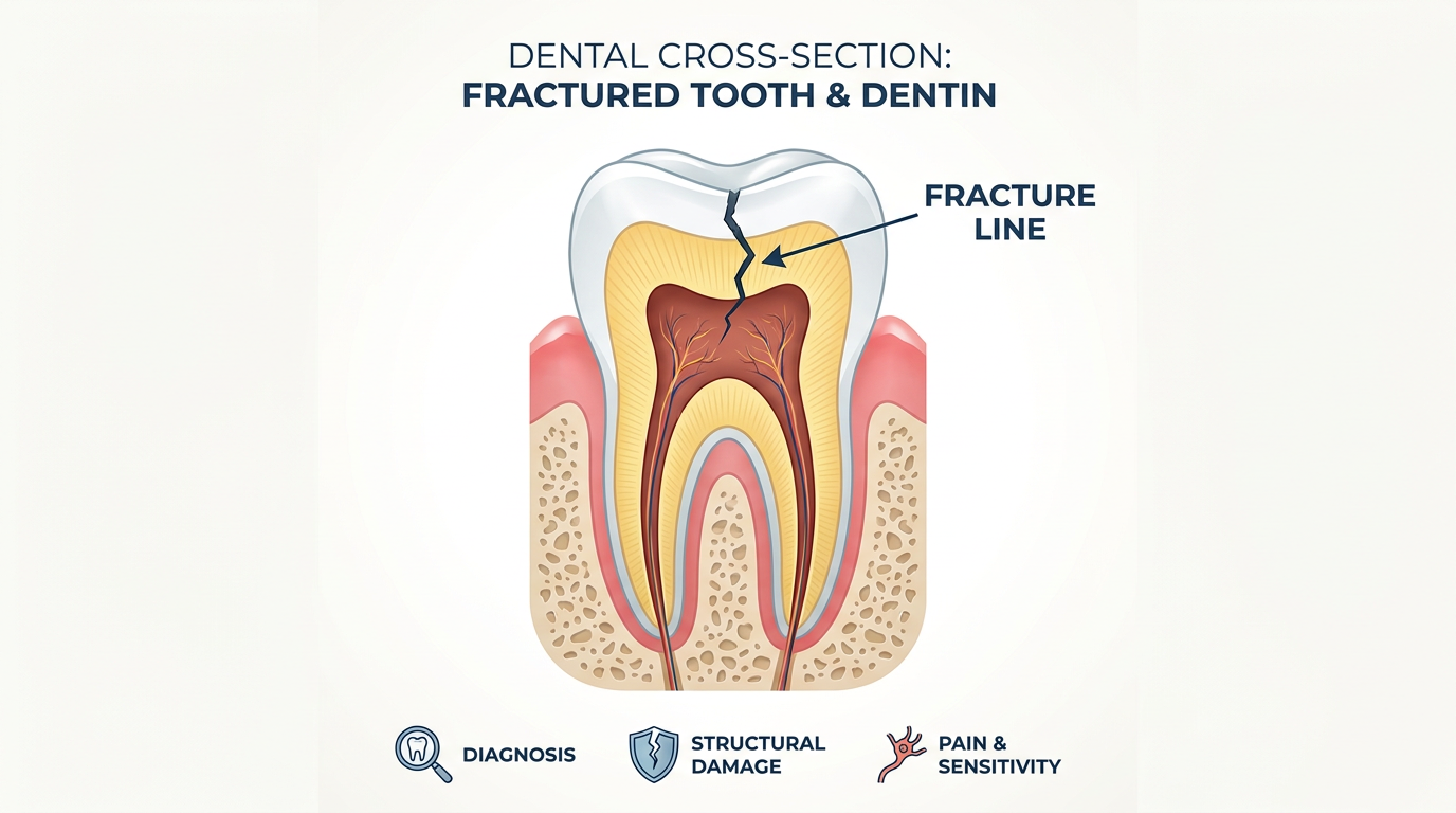 Illustration of a dental cross-section showing a fractured tooth with a visible crack extending into the dentin, with a background displaying the various layers of the tooth.