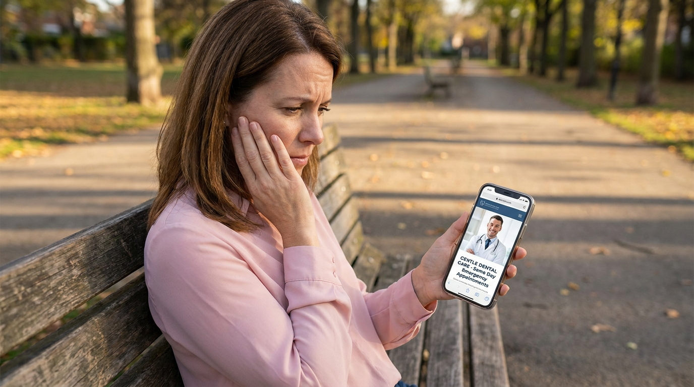 Amanda, holds her cheek gently with a worried expression while looking at her phone, which displays a dental clinic's website.