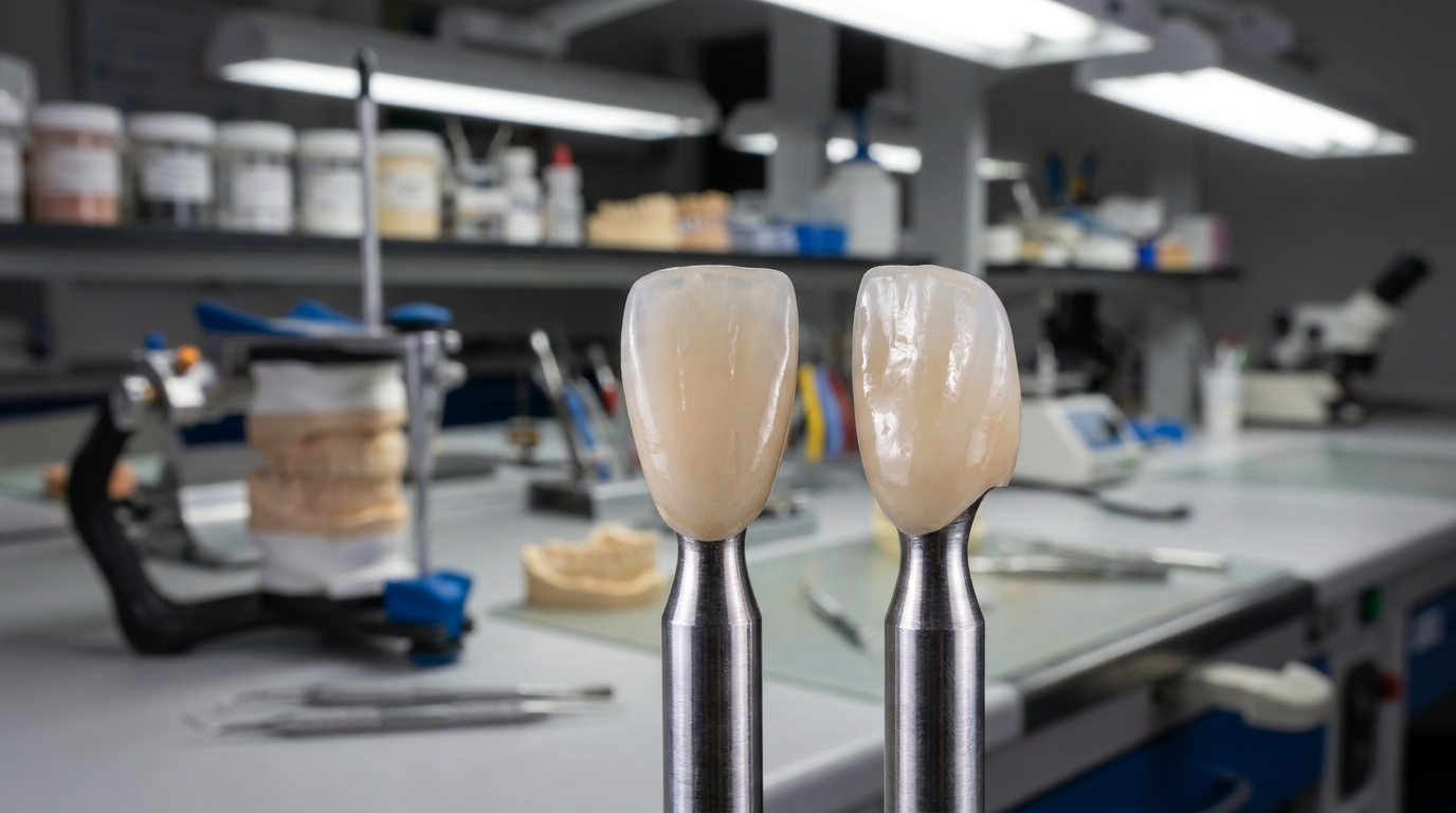 A dental crown, made of ceramic, sparkling cleanly on a small stand, waiting to be placed.