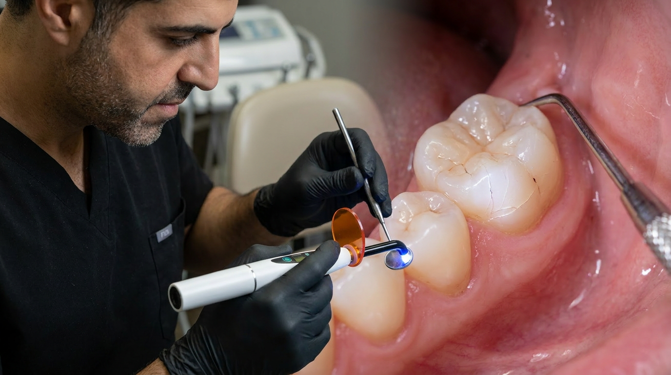 A close-up of a patient's mouth, slightly open, showing tiny, almost invisible cracks on a molar surface, highlighted by a dentist's light.
