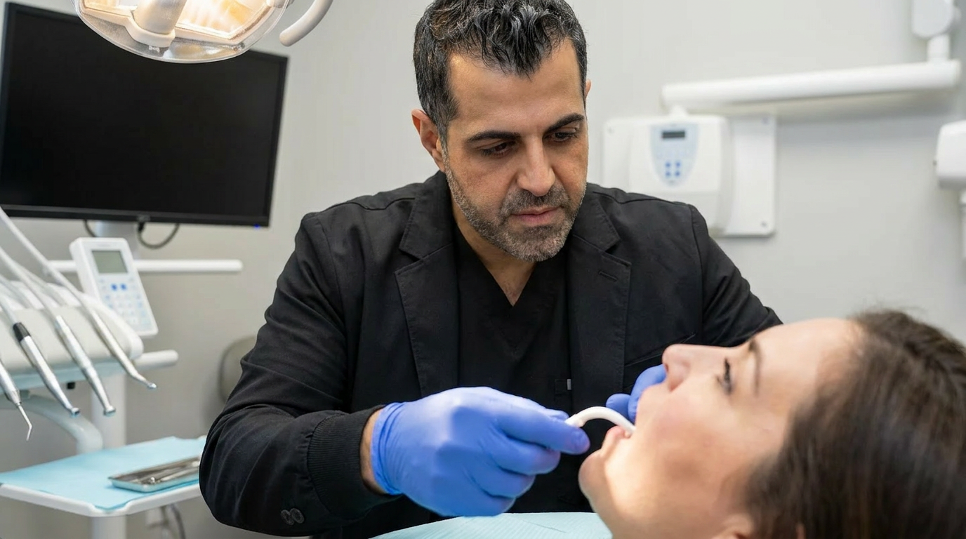 Dr. Arzegar, in clinical attire, holding a bite stick, gently placing it on a patient's molar during an examination.