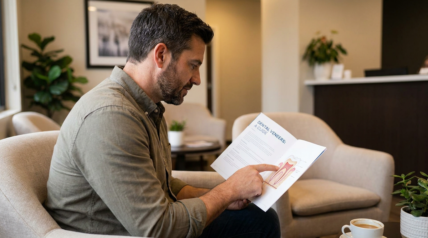 Patrick sits in a waiting room chair, wearing a green button-up shirt and dark pants, reading a brochure titled "Dental Veneers: A Guide," and pointing at a diagram of a tooth.