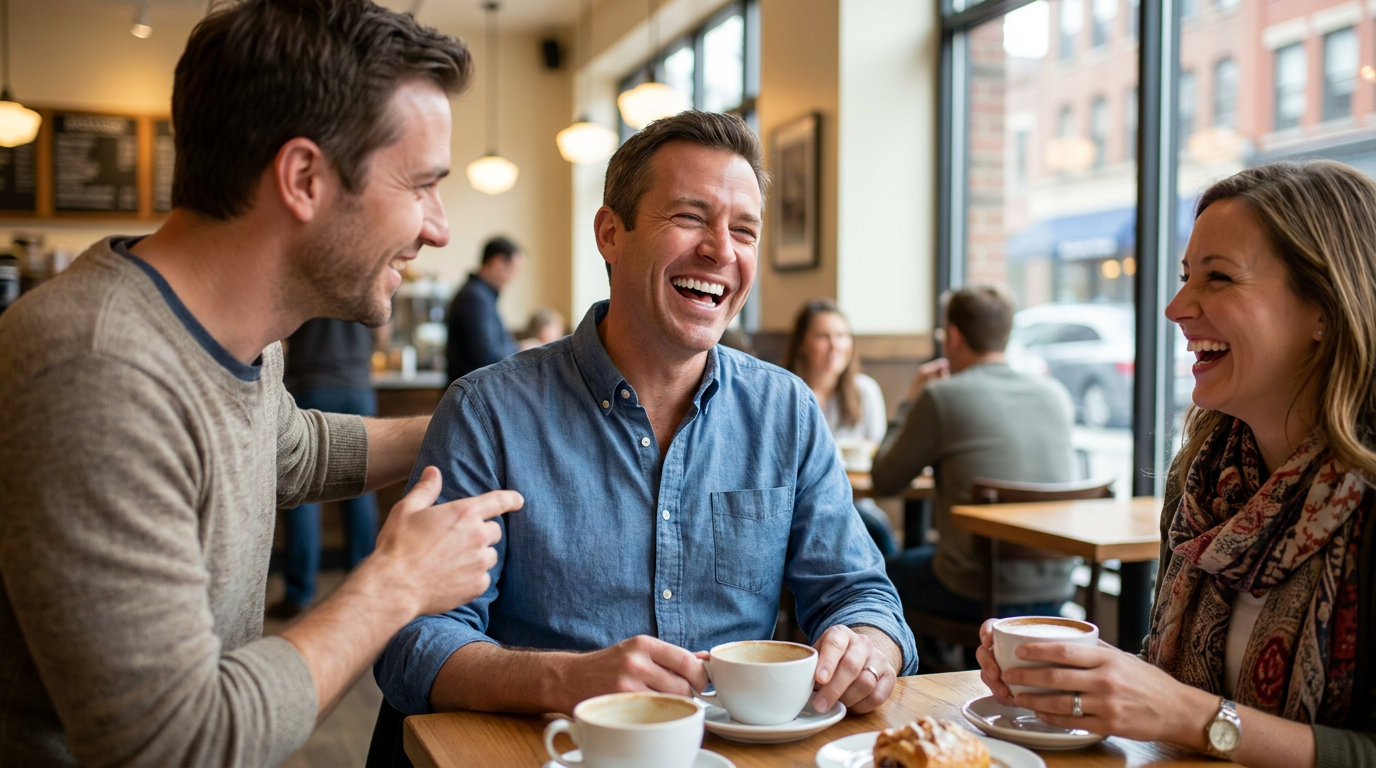 Three people sit at a wooden table in a cafe, two of whom are laughing while holding coffee cups, and one man points to the other man.