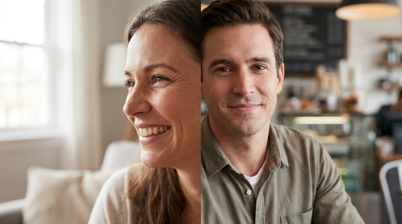 A woman smiles in profile on the left, and a man smiles facing forward on the right, with a window and lamp behind the woman and a cafe setting behind the man.