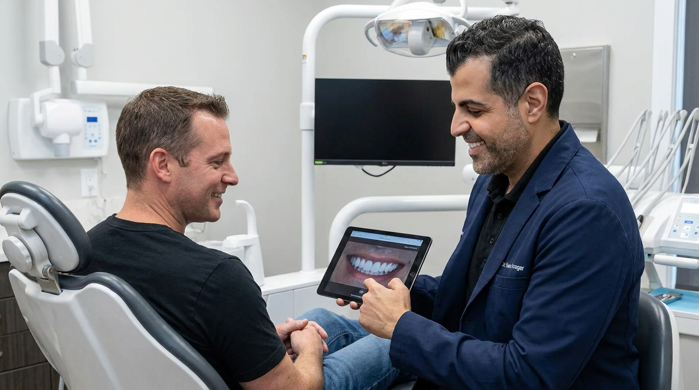 Patrick sits in a dental chair, smiling at Dr. Sean Arzegar, who is holding a tablet displaying a digital smile preview.