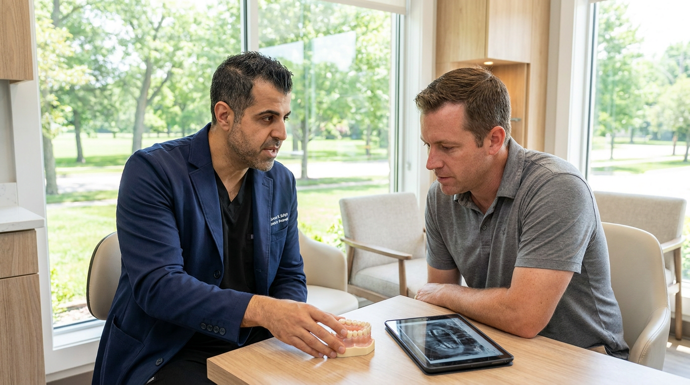 Dr. Sean Arzegar, wearing a blue lab coat, gestures toward a dental model on a light wood table while speaking to a man in a gray polo shirt, with a tablet displaying an x-ray between them.
