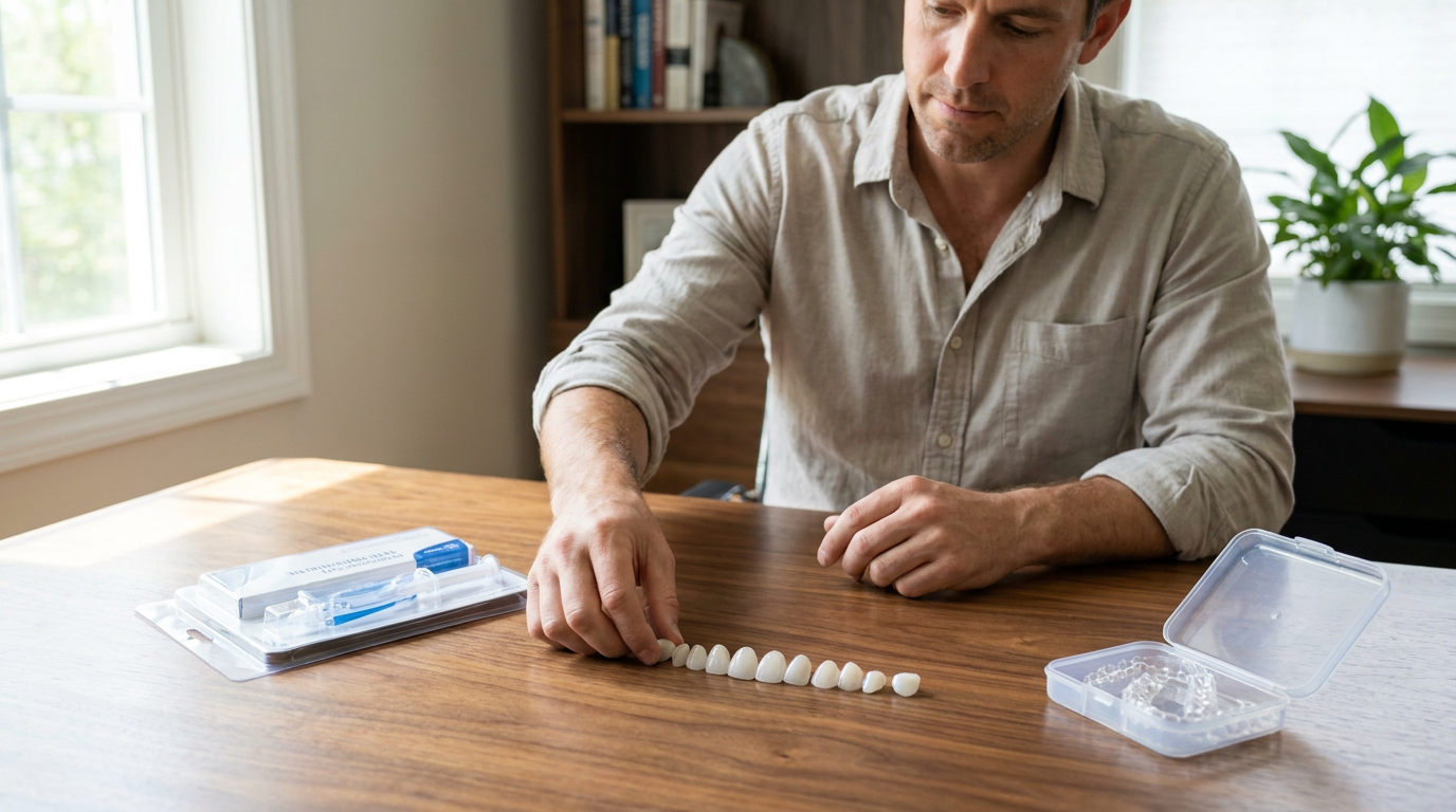 A man in a tan shirt sits at a wooden table, arranging a row of white dental veneers next to a dental whitening kit and an open case with clear aligners.