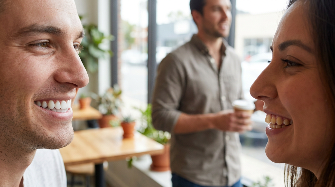 Two people smile at each other in profile, with a third person holding a coffee cup standing in the background.