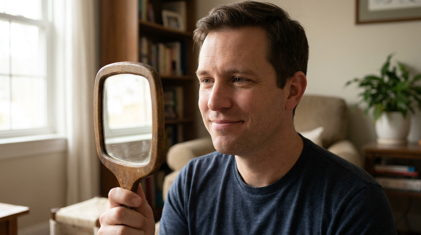 Patrick holds a small, wooden-framed mirror and smiles at his reflection in a room with a window, a bookshelf, and a potted plant in the background.
