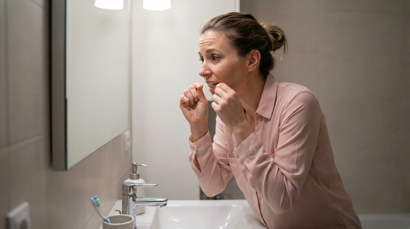Melissa flosses her teeth while looking into a bathroom mirror above a sink with a toothbrush, soap dispenser, and faucet.