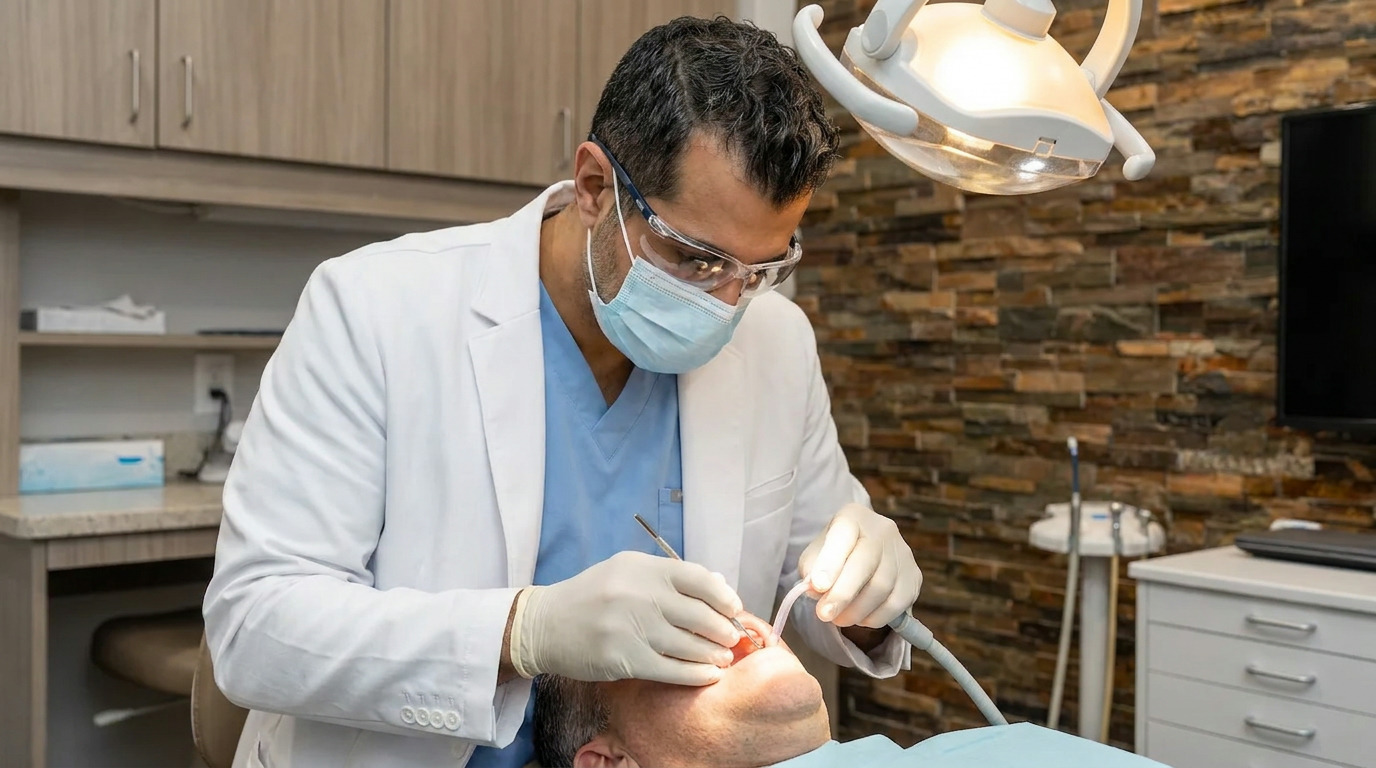Dr. Sean Arzegar, wearing a white lab coat, blue scrubs, mask, and safety glasses, works on a patient's mouth with dental tools and a suction, under an overhead light in a dental office.