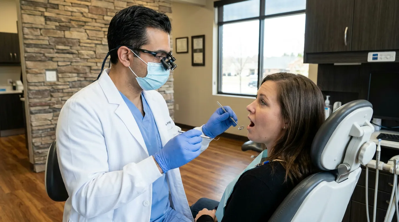 Dr. Sean Arzegar, wearing a mask, loupes, blue scrubs, and a white lab coat, examines a patient's open mouth with a dental mirror and probe in a modern dental operatory with a large window.
