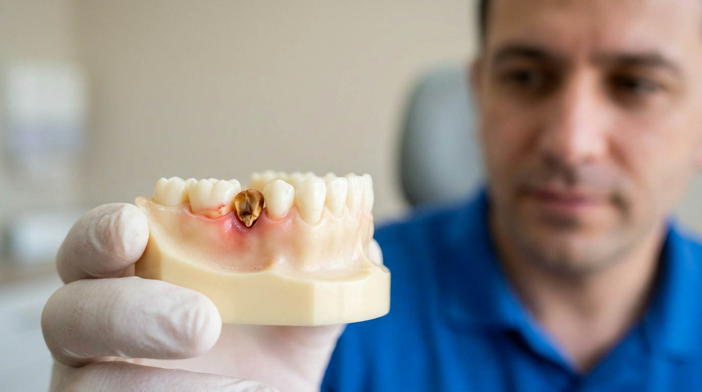 A gloved hand holds a dental model showing a popcorn kernel husk wedged in the gumline of a tooth, with a blurred person in a blue shirt in the background.
