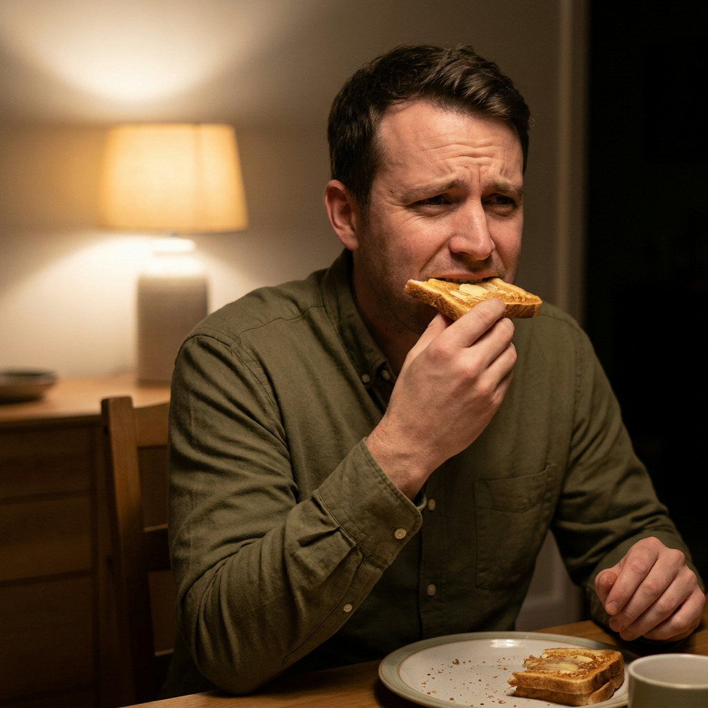 Jacob sits at a dining table, wearing an olive button-down shirt, biting into a piece of buttered toast with a wincing expression, with a lamp glowing in the background.