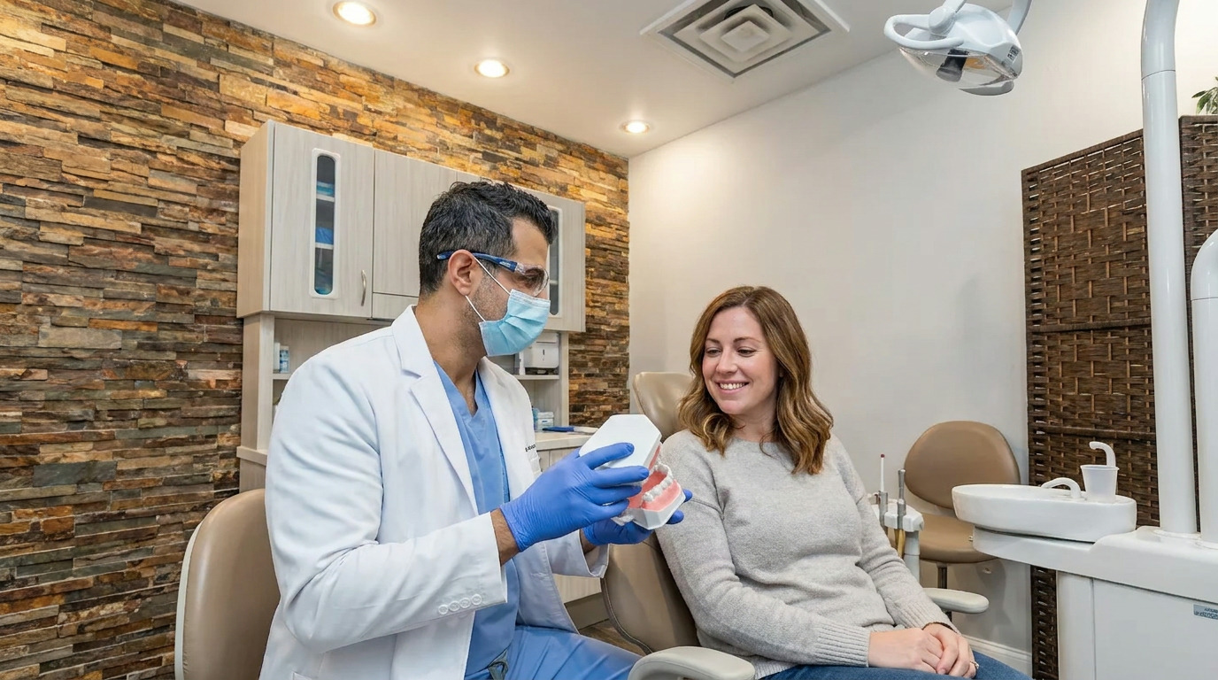 Dr. Sean, wearing a mask and safety glasses, holds a teeth model while talking to a smiling Catherine, who sits in a dental chair in a brightly lit room with a stone accent wall.