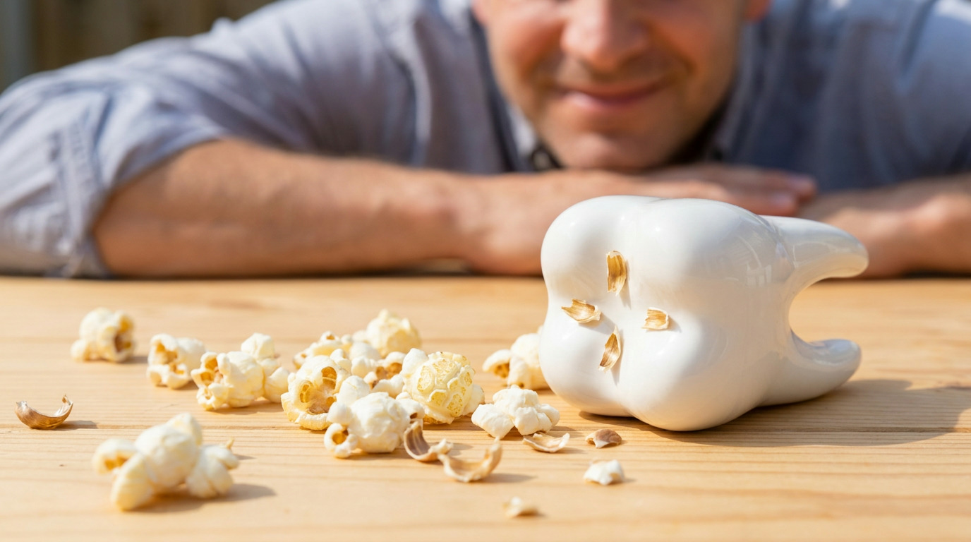A man in a light shirt looks down at a wooden surface with scattered popcorn and husks, some lodged in a white ceramic tooth model.