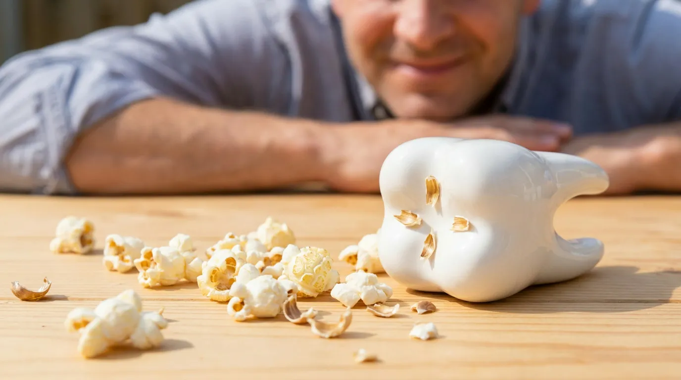 A man in a light shirt looks down at a wooden surface with scattered popcorn and husks, some lodged in a white ceramic tooth model.