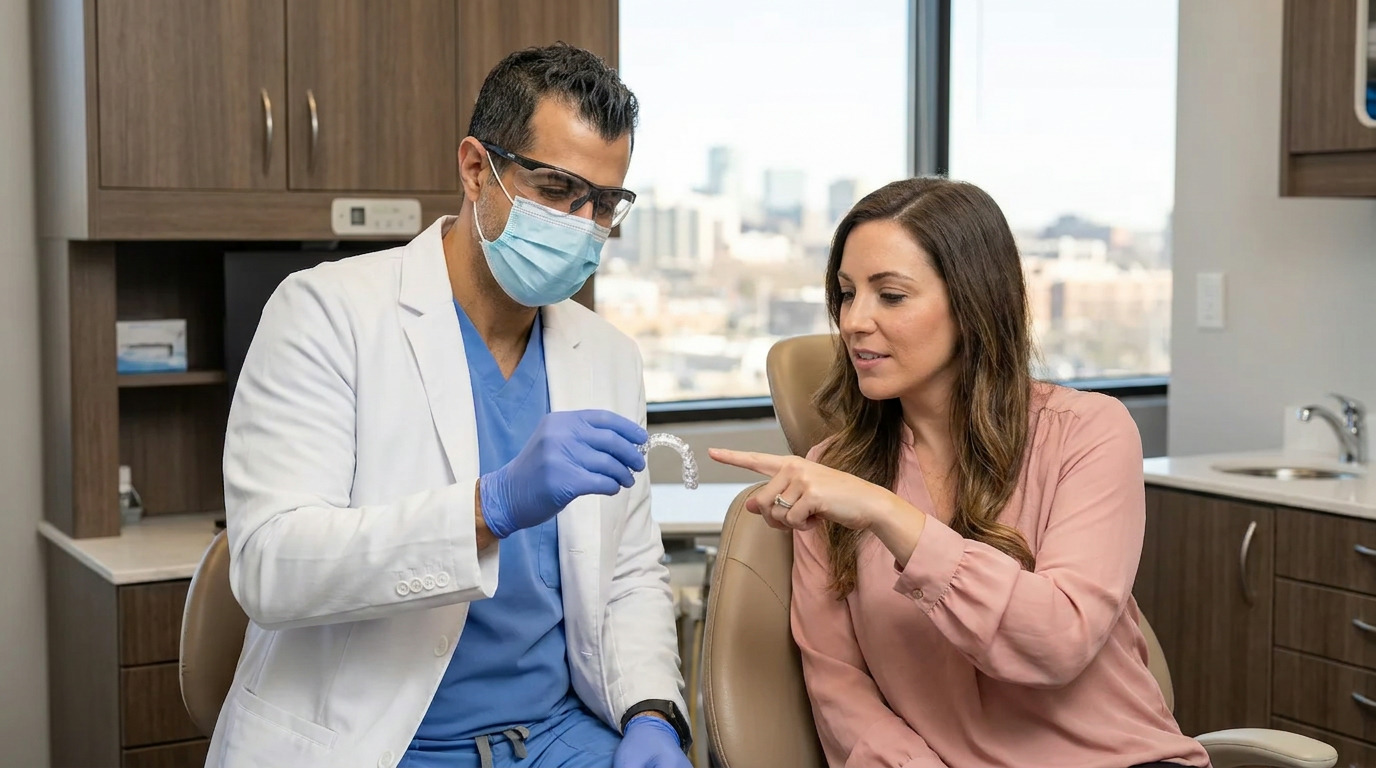 Dr. Sean Arzegar, wearing a mask and lab coat, holds a clear aligner tray while Melissa points to it in a modern dental operatory with a cityscape visible through a large window.