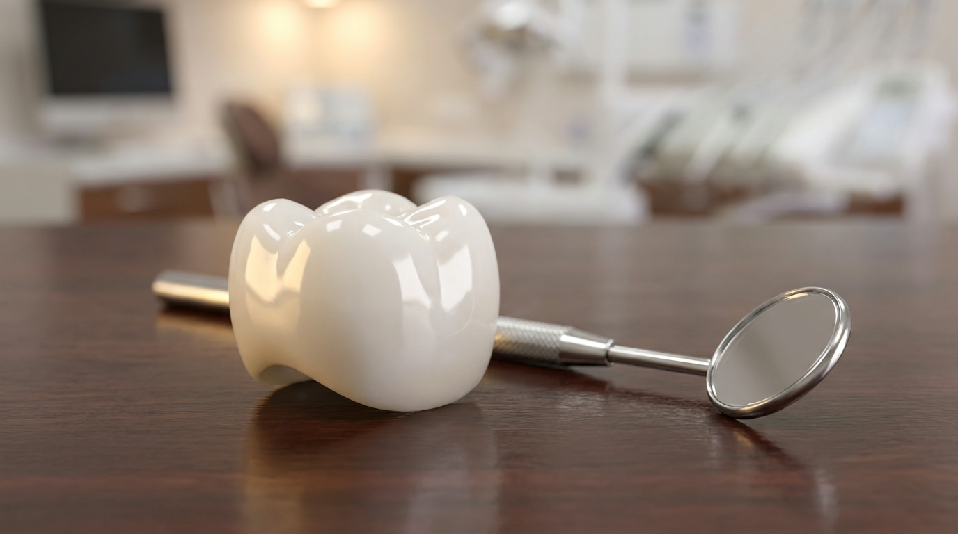 A white dental crown and a silver dental mirror rest on a dark wooden surface, with a blurred dental office in the background.