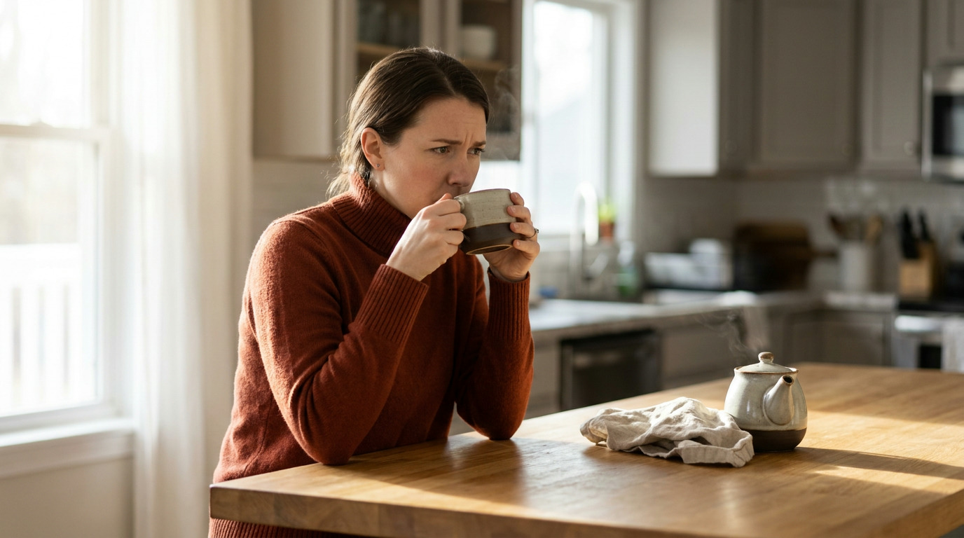 Jenna sips from a steaming mug, her brow furrowed, while sitting at a wooden kitchen island with a teapot and cloth in the morning light.