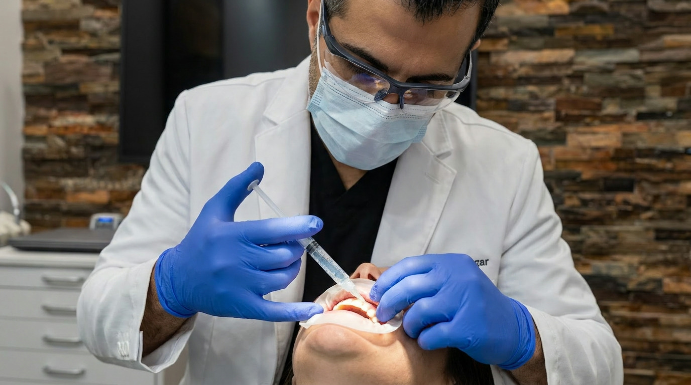 A dentist in a white lab coat, blue gloves, mask, and safety glasses applies a gel with a syringe to a patient's teeth, which are exposed by a retractor.