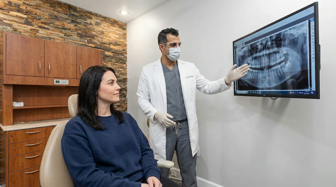 Brooke sits in a dental chair, looking at Dr. Sean Arzegar, who wears a white lab coat and mask, pointing to a dental X-ray on a wall-mounted monitor in a modern operatory.