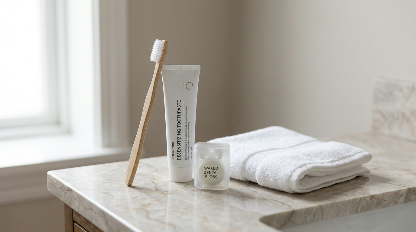 A wooden toothbrush, a tube of desensitizing toothpaste, a container of waxed dental floss, and a folded white towel rest on a marble bathroom counter near a window.