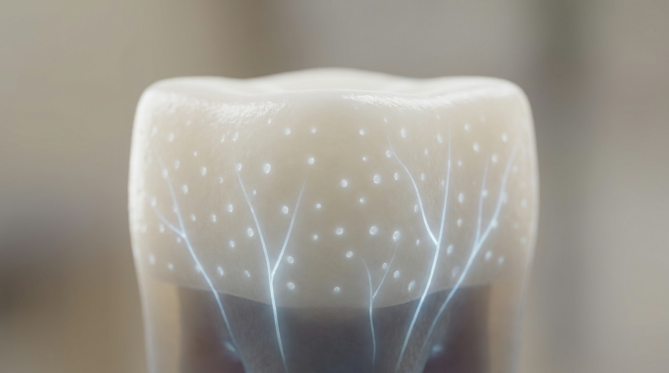 A stylized tooth with glowing white dots and light blue lines branching across its surface and extending into a darker base, against a blurred light background.