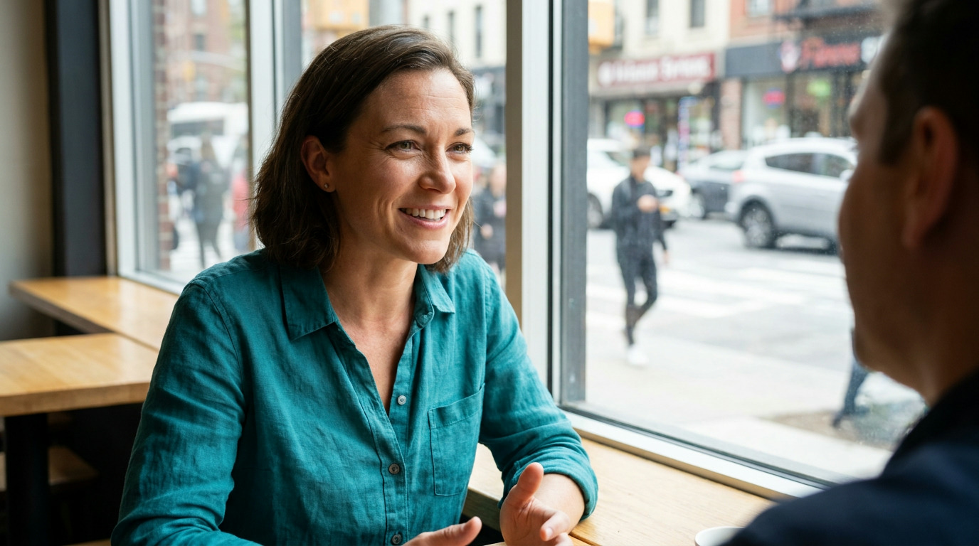 Ashley smiles while talking to someone across a wooden table, wearing a teal shirt, with a city street visible through the large window behind her.