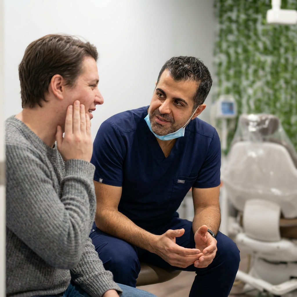 A south Austin dentist listens to a patient holding their jaw during an emergency visit at Lifetime Smiles.