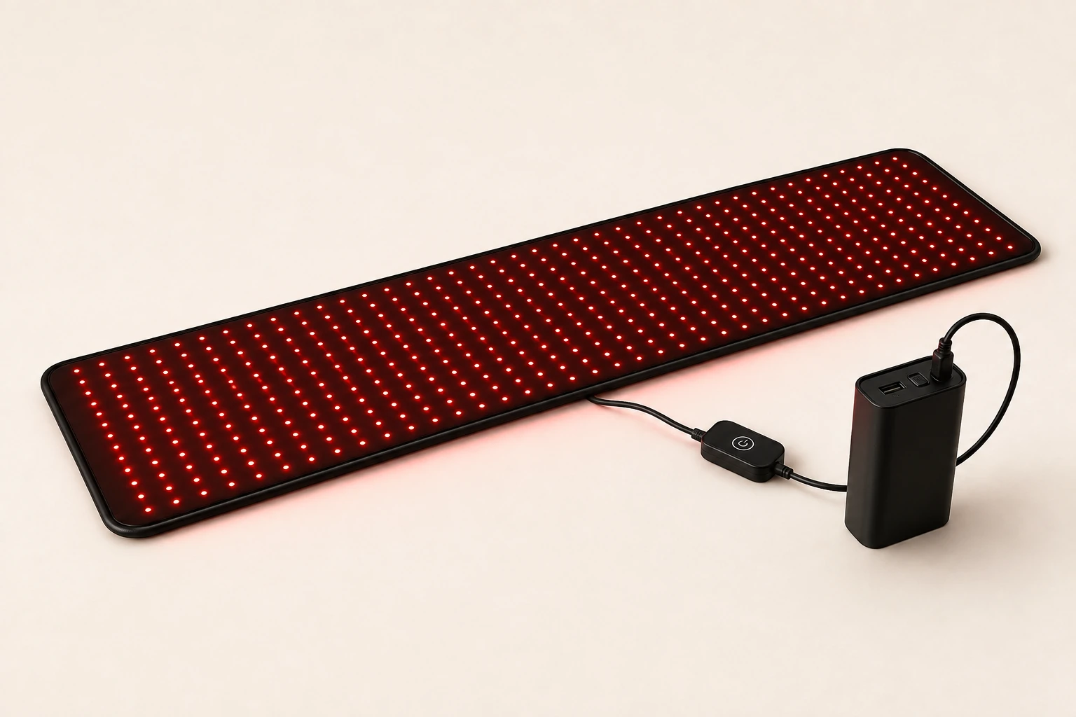 Illustrative illuminated mat with an external battery shown beside it
