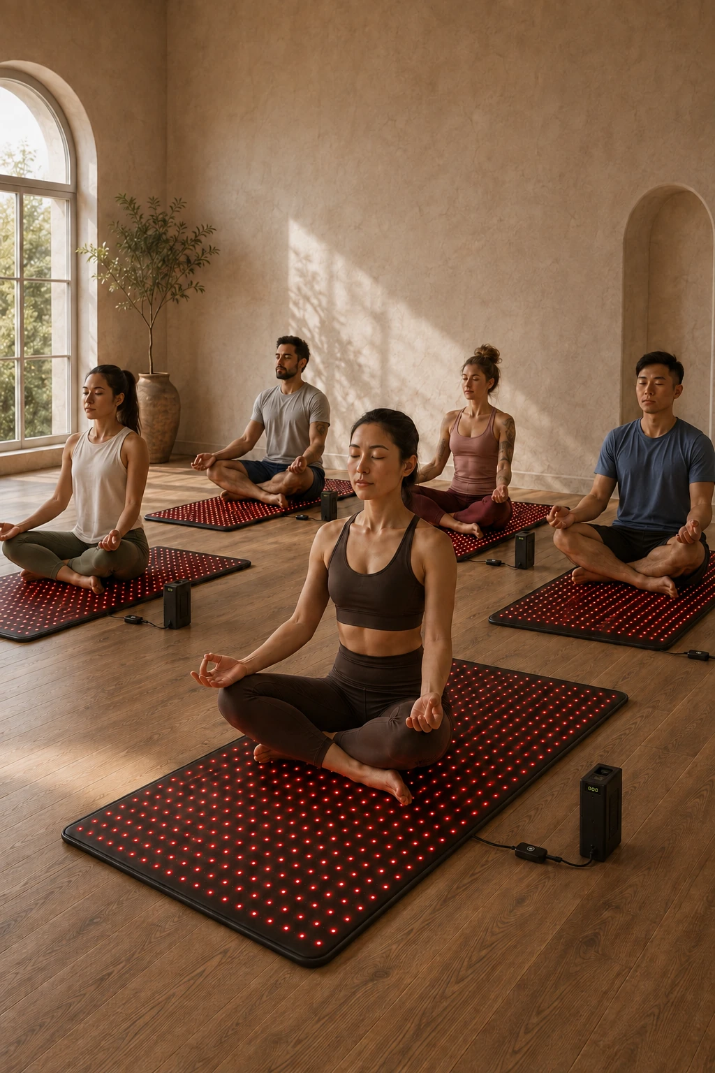 Red light yoga mats arranged for a group class
