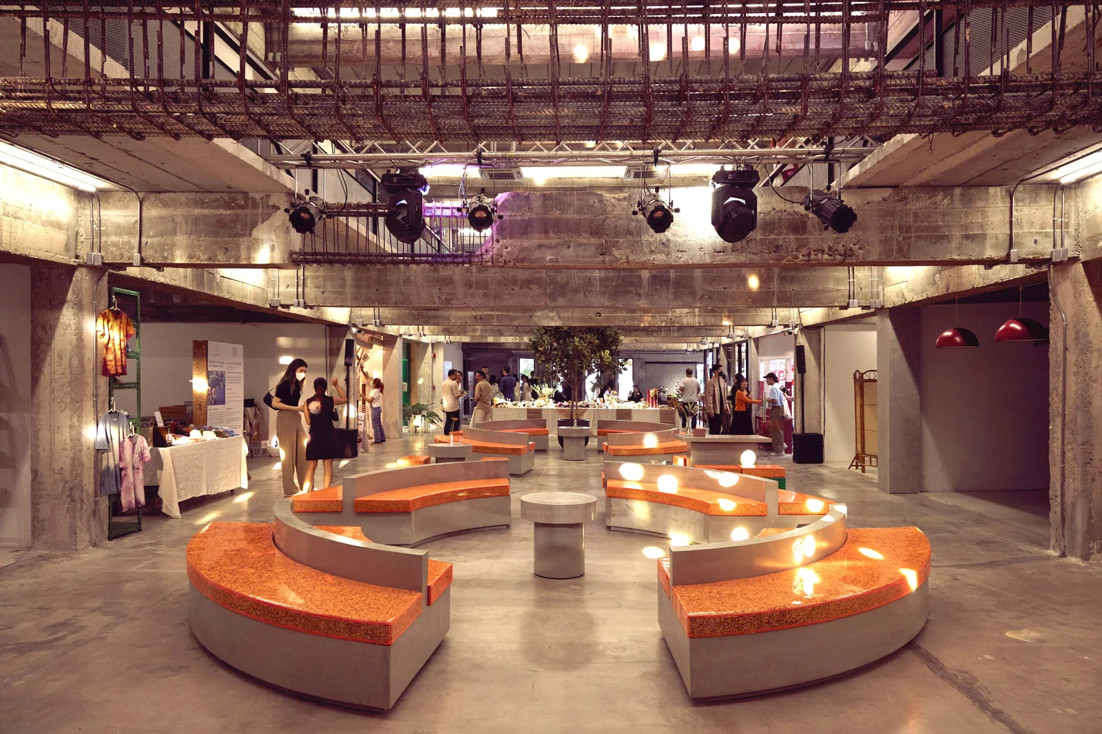 Curved wooden seating inside Slowcombo’s community space