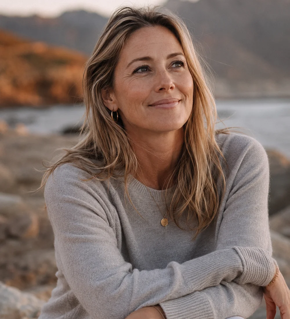 Frau Mitte 40 sitzt entspannt am Meer – Longevity Erstberatung und Prävention, heal. Praxis Berlin