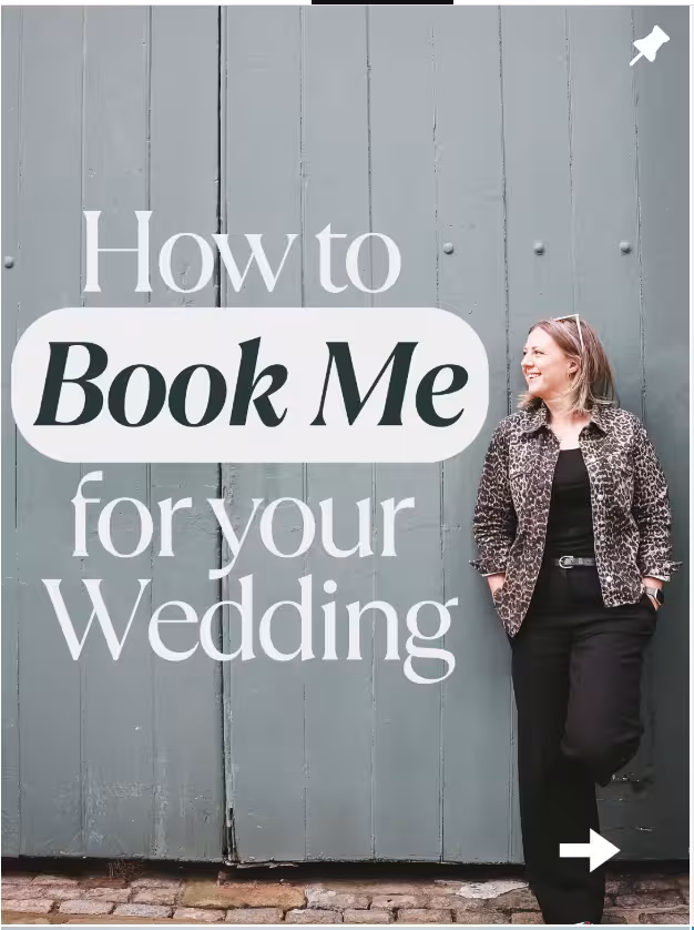 Kate Rostance, North Wales wedding celebrant, standing by green doors with text overlay ‘How to book me for your wedding’.