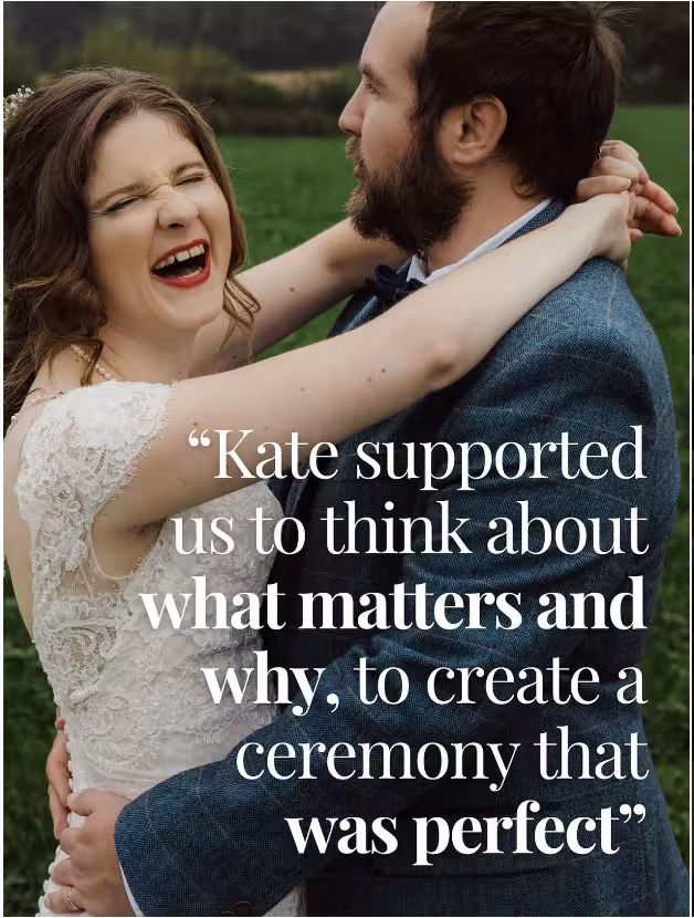 Bride and groom laughing and embracing outdoors with testimonial text overlay praising celebrant Kate Rostance.