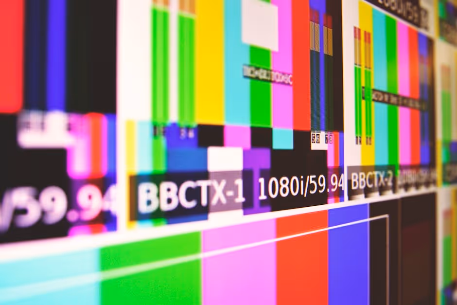Vibrant test pattern screen with colorful bars and modern design.