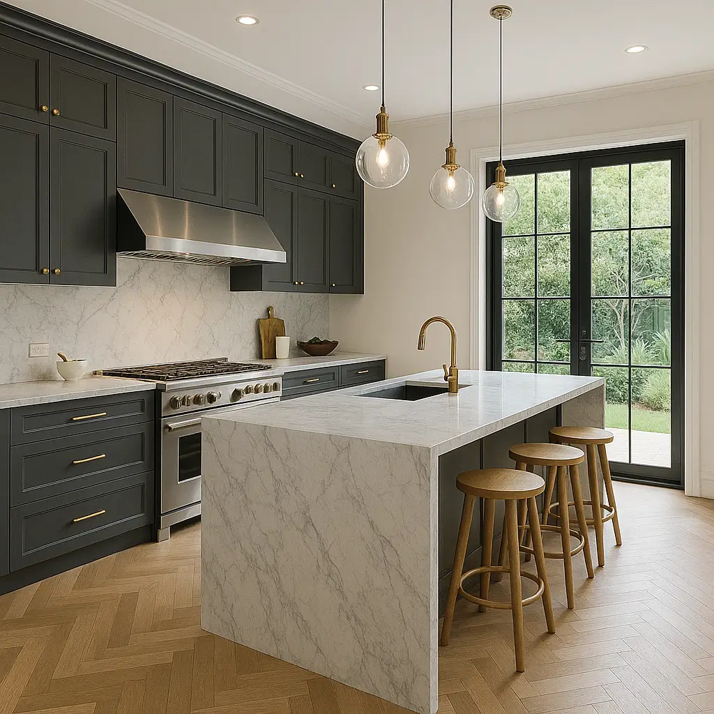 Contemporary kitchen renovation in Mosman featuring charcoal shaker cabinets, marble island bench, and brass fittings.