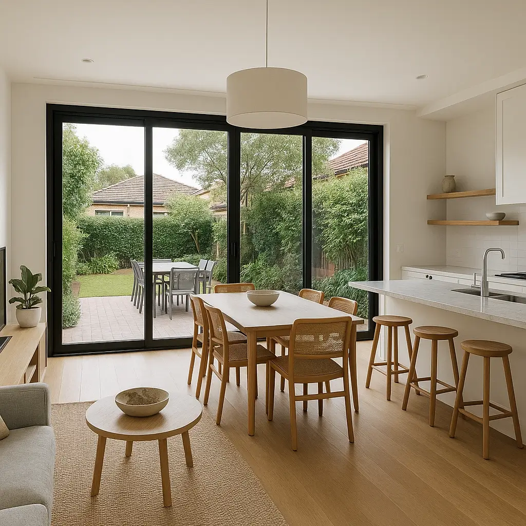 Open-plan dining and kitchen space in a Sydney home featuring sliding glass doors to a landscaped backyard.