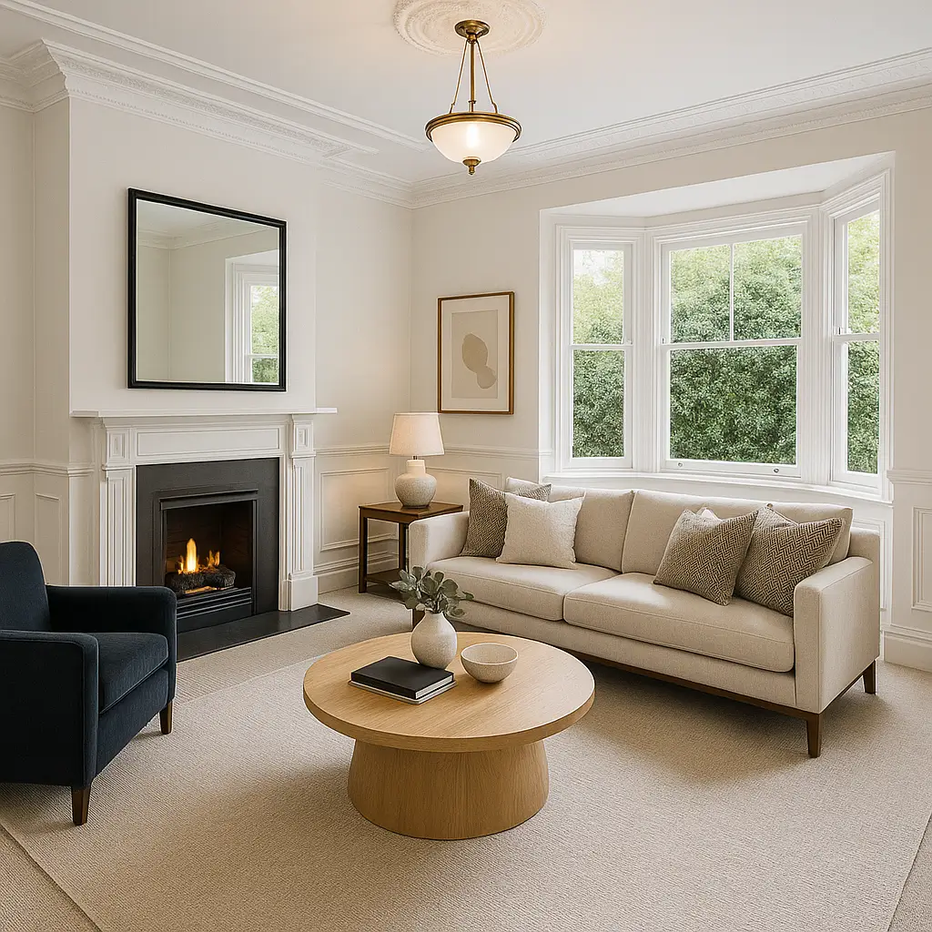 Elegant living room renovation in Woollahra with classic fireplace, bay window, and decorative ceiling rose.