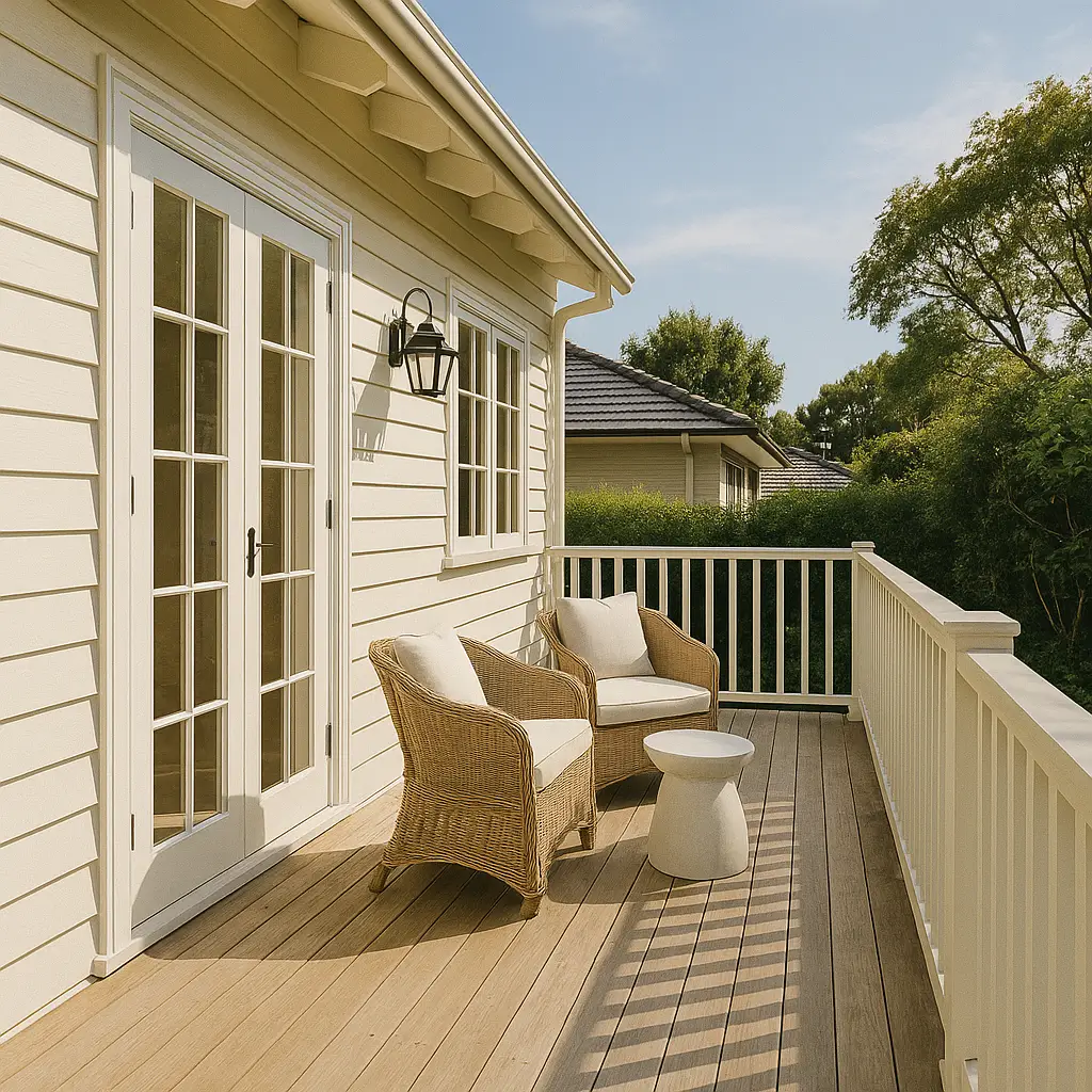 Renovated veranda in Pymble with weatherboard exterior, timber decking, and outdoor lounge area.