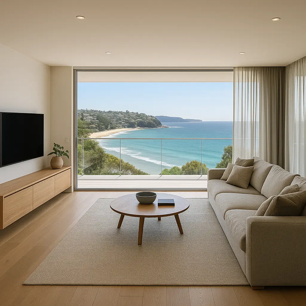 Modern coastal living room renovation in Sydney with floor-to-ceiling windows and panoramic ocean views.
