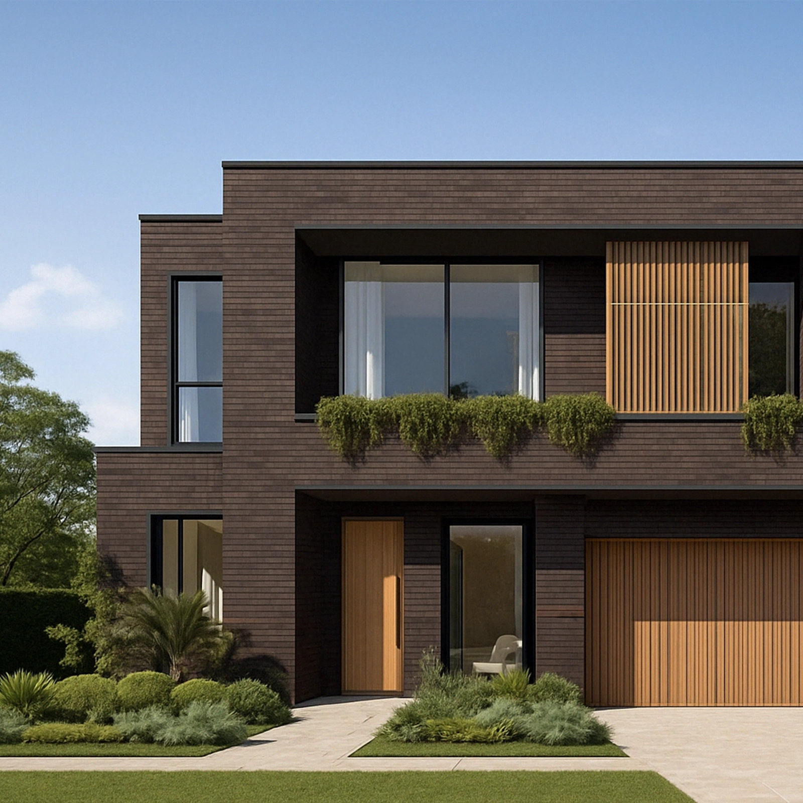 Modern dark brick home with timber accents