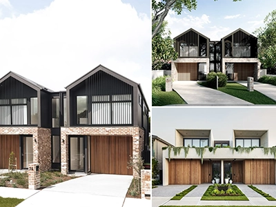 Stylish duplex inspiration featuring gabled rooflines, mixed materials, and street-facing garages