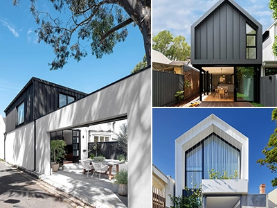 Contemporary small house rebuild designs with minimalist facades, large windows, and smart landscaping