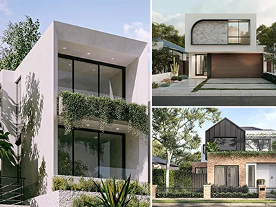 Modern knockdown rebuild home designs with gabled roofs and contemporary facades in Sydney
