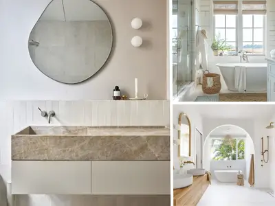 Collage of coastal-style bathrooms with airy designs